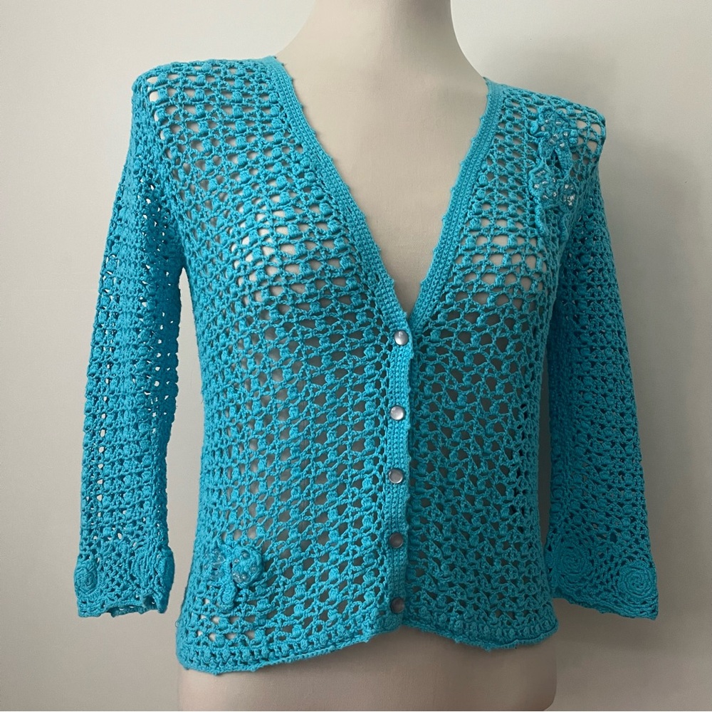 90s Jessica blue crochet cardigan